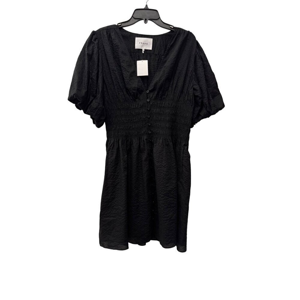 New Frame Women's Size XL Black Smocked Button-Down Dress Short Puff Sleeves